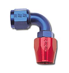 Fitting, Hose End, Full Flow, 90 Degree, -6 AN Hose to Female -6 AN, 360 Degree Swivel, Aluminum, Red/Blue, Each