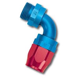 Fitting, Hose End, Full Flow, 90 Degree, -10 AN Hose to Male -10 AN O-Ring, 360 Degree Swivel, Aluminum, Red/Blue, Each
