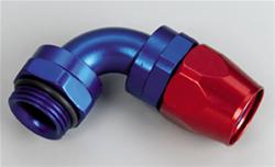 Fitting, Hose End, Full Flow, 90 Degree, -12 AN Hose to Male -12 AN O-Ring, 360 Degree Swivel, Aluminum, Red/Blue, Each