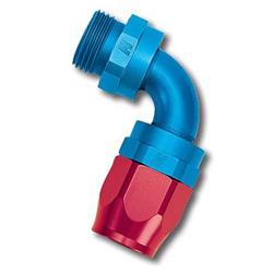 Fitting, Hose End, Full Flow, 90 Degree, -10 AN Hose to Male -8 O-Ring, 360 Degree Swivel, Aluminum, Red/Blue, Each