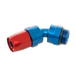 Fitting, Hose End, Full Flow, 45 Degree, -8 AN Hose to Male -10 O-Ring, 360 Degree Swivel, Aluminum, Red/Blue, Each