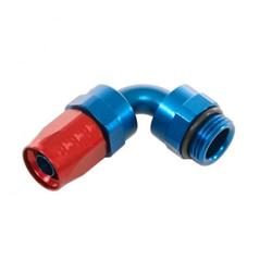 Fitting, Hose End, Full Flow, 90 Degree, -8 AN Hose to Male -10 O-Ring, 360 Degree Swivel, Aluminum, Red/Blue, Each