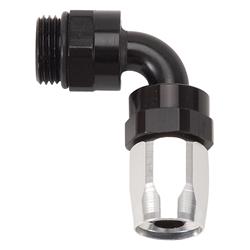 Fitting, Hose End, Full Flow, 90 Degree, -8 AN Hose to Male -10 AN, Dry Sump, 360 Degree Swivel, Aluminum, Black/Clear, Each