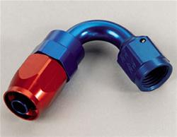 Fitting, Hose End, Full Flow, 120 Degree, -6 AN Hose to Female -6 AN, 360 Degree Swivel, Aluminum, Red/Blue, Each