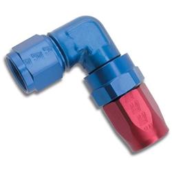 Fitting, Hose End, Forged, 90 Degree, -6 AN Hose to Female -6 AN, 360 Degree Swivel, Aluminum, Red/Blue, Each