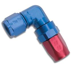 Fitting, Hose End, Forged, 90 Degree, -8 AN Hose to Female -8 AN, 360 Degree Swivel, Aluminum, Red/Blue, Each