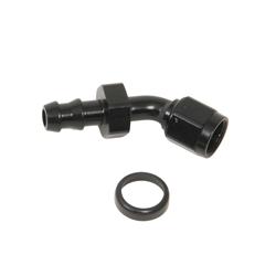 Fitting, Hose End, Twist-Lok, 45 Degree, -6 AN Hose Barb to Female -6 AN, Aluminum, Black Anodized, Each