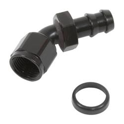 Fitting, Hose End, Twist-Lok, 45 Degree, -8 AN Hose Barb to Female -8 AN, Aluminum, Black Anodized, Each