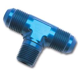 Fitting, Adapter, Tee, One 1/2 NPT, Two -10 AN Male, Aluminum, Blue Anodized, Each