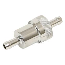 Fuel Filter, Billet Aluminum, Chrome, 5/16 in. Hose Barb, Inlet/Outlet, 3 in. Length, 1.125 in. Diameter, Each