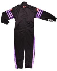 Driving Suits, SFI-1 Pro-1 Single Layer Kids Suits, One-piece, Pyrovatex, Black with Purple Stripe, SFI 3.2A/1, Youth Small, Each