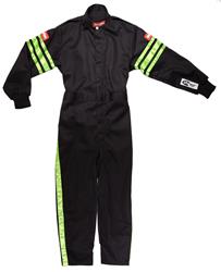 Driving Suits, SFI-1 Pro-1 Single Layer Kids Suits, One-piece, Pyrovatex, Black with Green Stripe, SFI 3.2A/1, Youth Small, Each