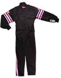 Driving Suits, SFI-1 Pro-1 Single Layer Kids Suits, One-piece, Pyrovatex, Black with Pink Stripe, SFI 3.2A/1, Youth X-Large, Each