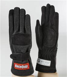 RaceQuip 355 Gloves, Youth Medium, Double Layers, Nomex/Leather, SFI 3.3/5 Safety Rating, Black, Pair