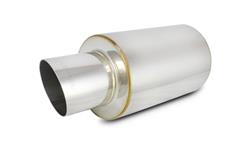 Muffler, TPV, Round, Stainless, Polished, Turbo-style, 3.0 in. Center Inlet, 4 in. Outlet, 17 in. Length