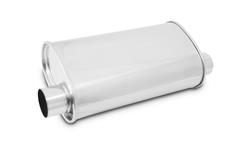 StreetPower Muffler, Oval, 2.5 in. Offset inlet/outlet same side, 304 Stainless Steel, Mirror Polished, Each