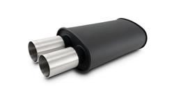 Muffler, StreetPower, Oval, 304 Stainless, Flat Black Powdercoated, 2.5 in. Inlet/3.0 in. Dual Outlet, 22.5 in. Length, Straight Cut Tips, Each