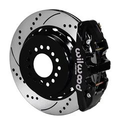 Disc Brake Kit, AERO4 Big Brake Rear, Four Piston Calipers, Forged Billet Aluminum, Black Powdercoated, Cross-Drilled/Slotted Rotors, Ford 9 in., Kit