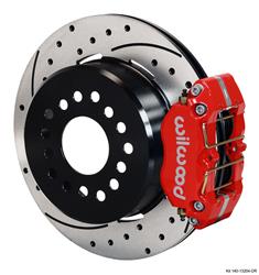 Disc Brake Kits, DynaPro Dust-Boot Rear Parking Brake Kits, Rear, Cross-drilled/Slotted Rotors, Red Powdercoated Calipers, 4-piston, Ford, Kit