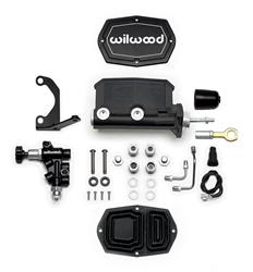 Master Cylinder, Compact, Aluminum, Black E-Coat, 0.938 in. Bore, with Pushrod, Proportioning Valve, Fluid Tubes, Left Hand Bracket, Mustang, Kit