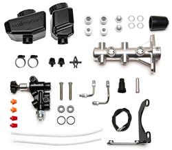 Master Cylinder, Angled Reservoirs, Aluminum, Media Burnished, 1.00 in. Bore, with Proportioning Valve, Fluid Tubes, Kit