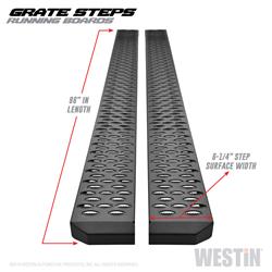 Running Boards, Grate Steps, Steel, Black Textured Powdercoated, 86 in. Length, 6.25 in. Width, Brackets Required, Pair